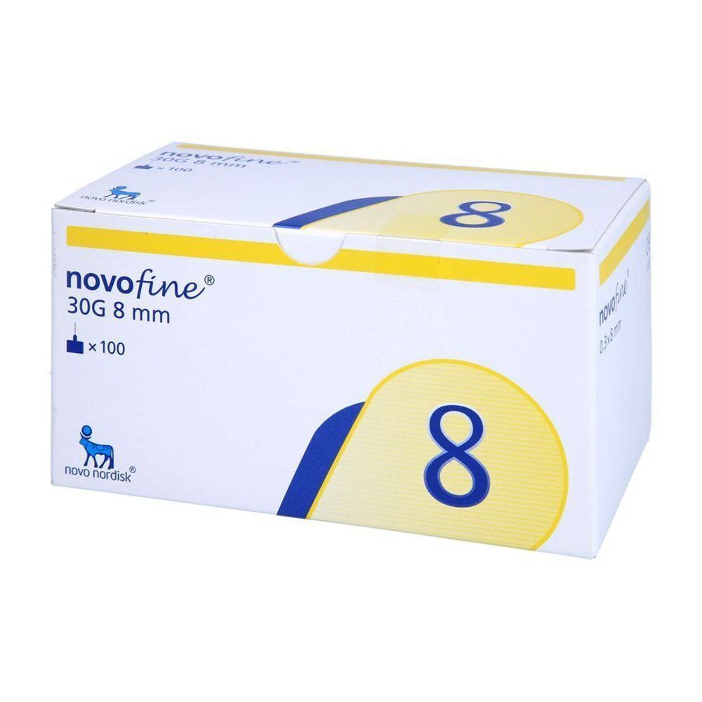 Een doos Novofine 30G 8 mm injectienaalden, 100 stuks, met Novo Nordisk logo.