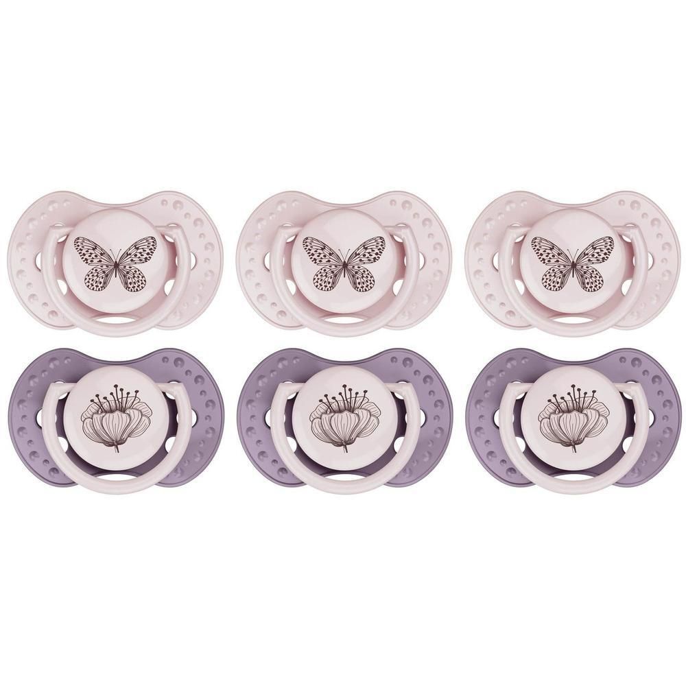 Trois sucettes roses motif papillon et trois sucettes violettes motif fleur.