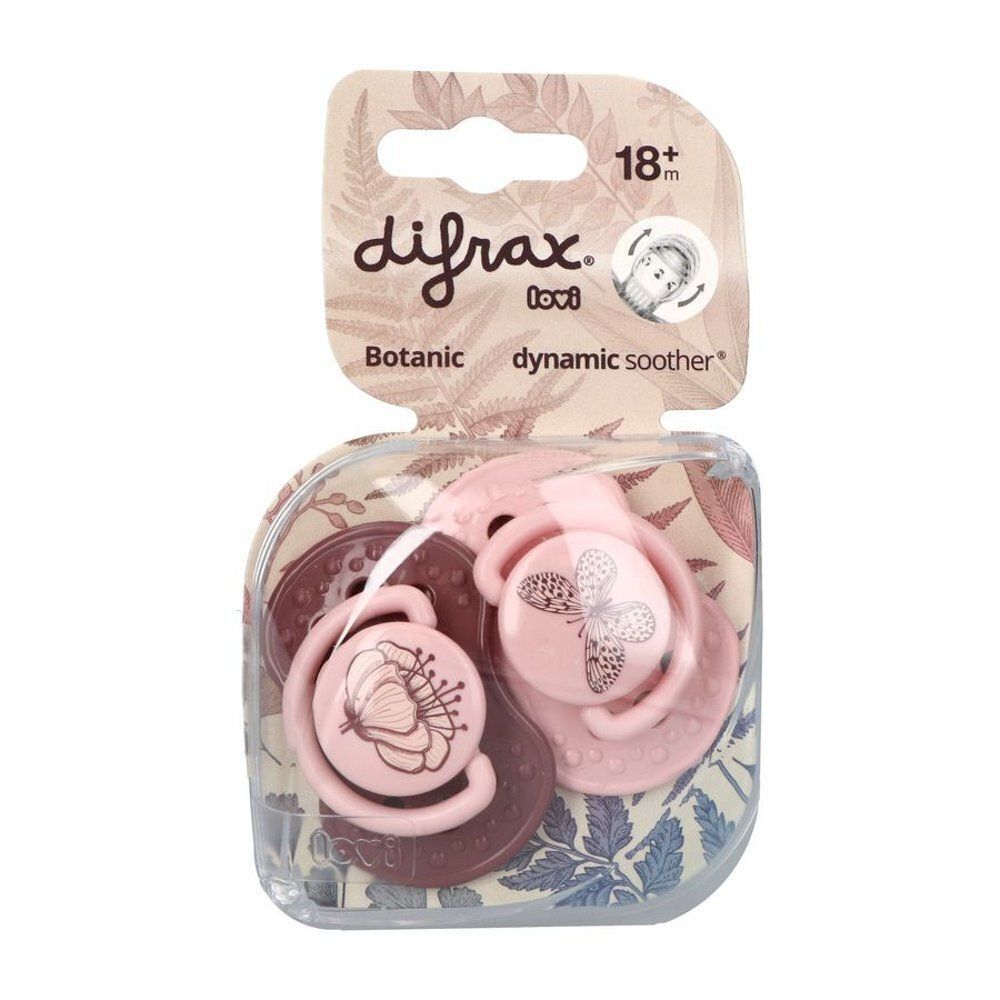 Emballage de deux sucettes, rose motif papillon et violet motif fleur. Marque Difrax.
