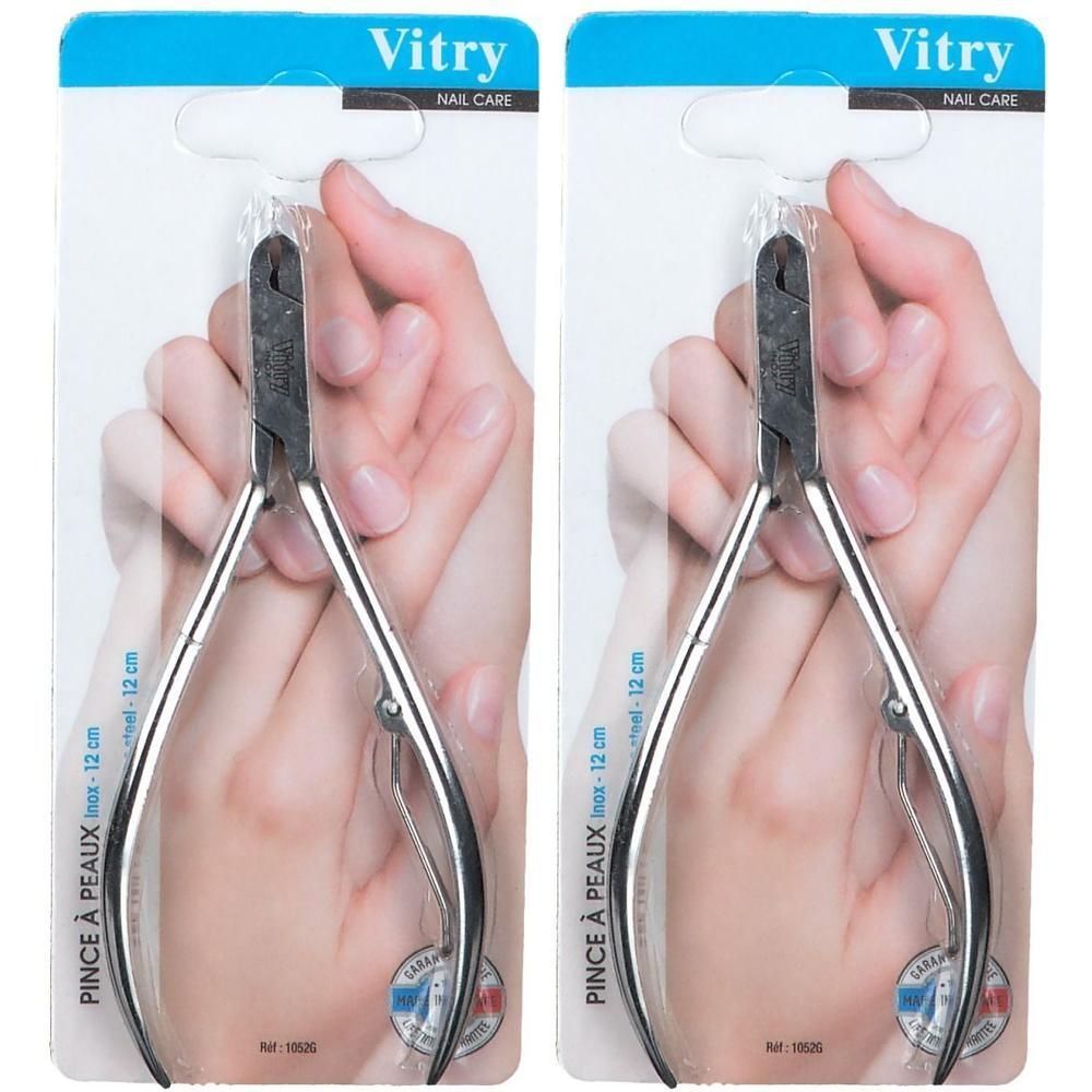 Deux pinces à peaux Vitry en inox, 12 cm, présentées en blister.