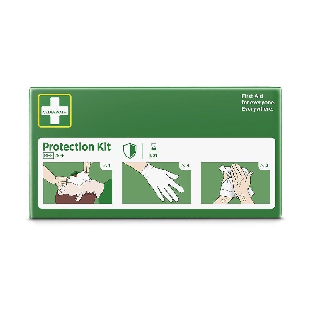 Boîte verte avec inscription 'Protection Kit'. Illustre des mesures de premiers secours : bouche-à-bouche, gants, lingettes de nettoyage.