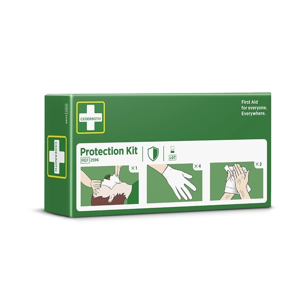 Boîte verte avec inscription 'Protection Kit'. Illustre des mesures de premiers secours : bouche-à-bouche, gants, lingettes de nettoyage.