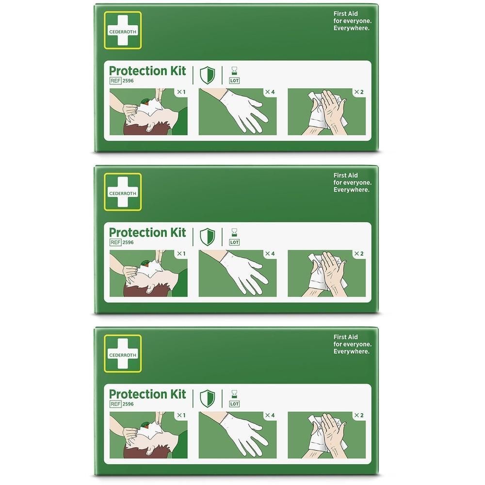 Trois boîtes vertes d'un CEDERROTH Protection Kit, illustrant des actions de premiers secours.