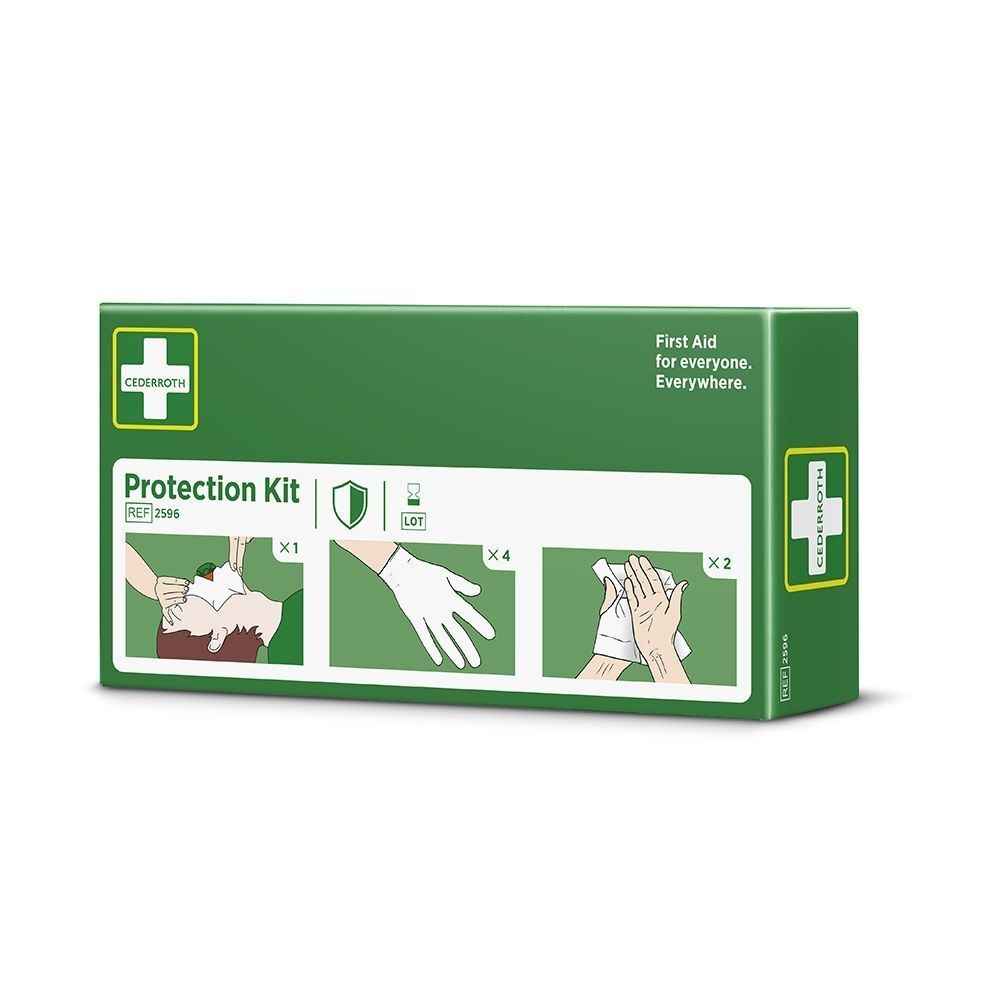 Une boîte verte d'un CEDERROTH Protection Kit avec illustrations de premiers secours : bouche-à-bouche, gants, lingettes.