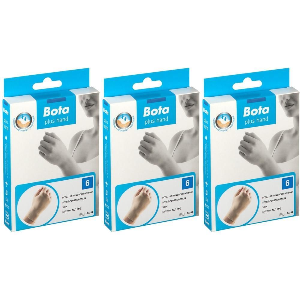 Trois paquets de bandages Bota pour main et pouce, taille 6. L'emballage montre un bandage pour main.
