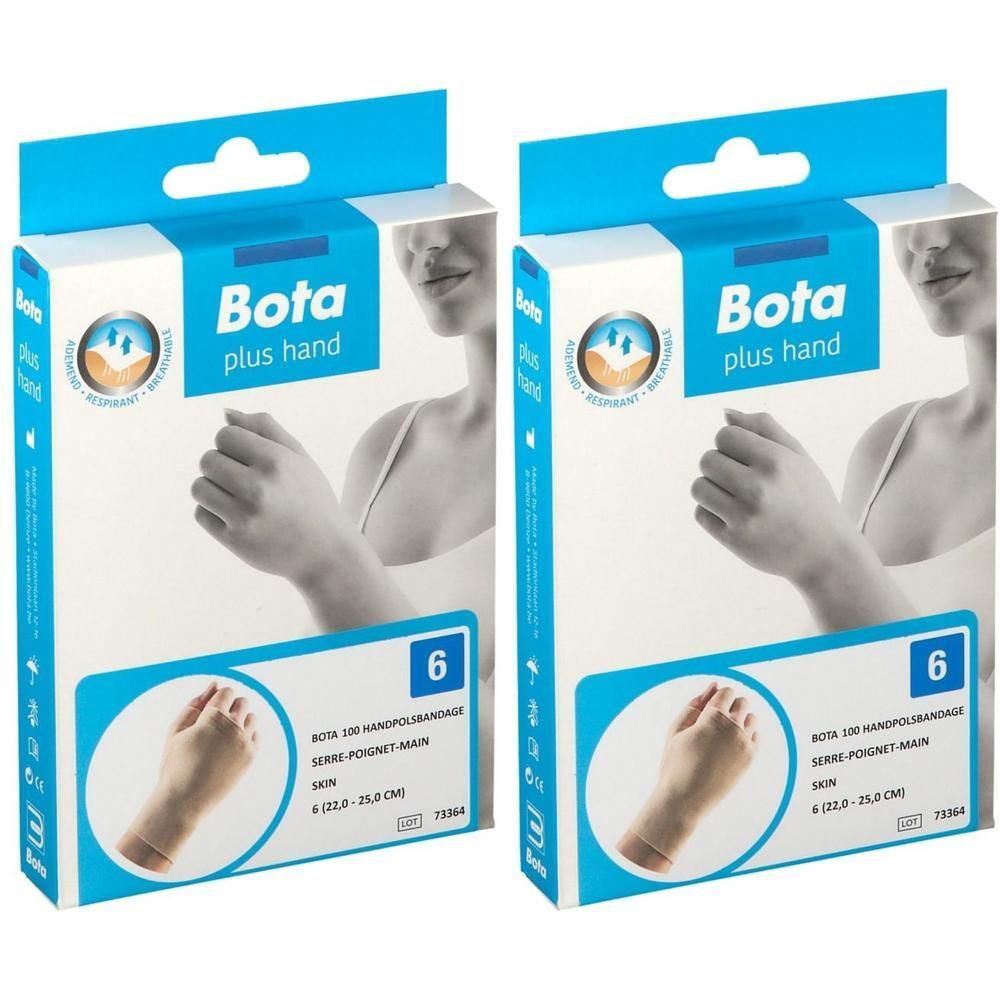 Deux paquets de Bota bandage poignet, taille 6, couleur chair. Montre une main avec bandage.