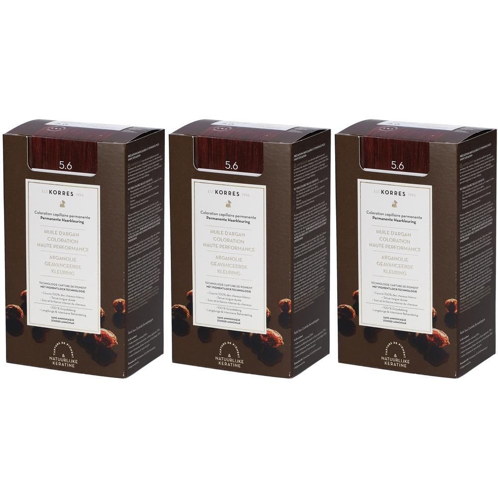 Trois boîtes de coloration capillaire Korres Huile d'Argan 5.6 Roux Clair.