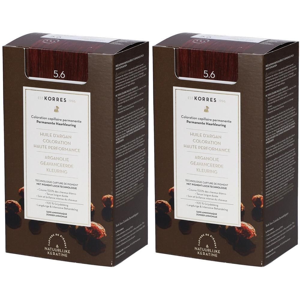 Twee dozen Korres Arganolie Haarkleuring 5.6 Licht Roodbruin.