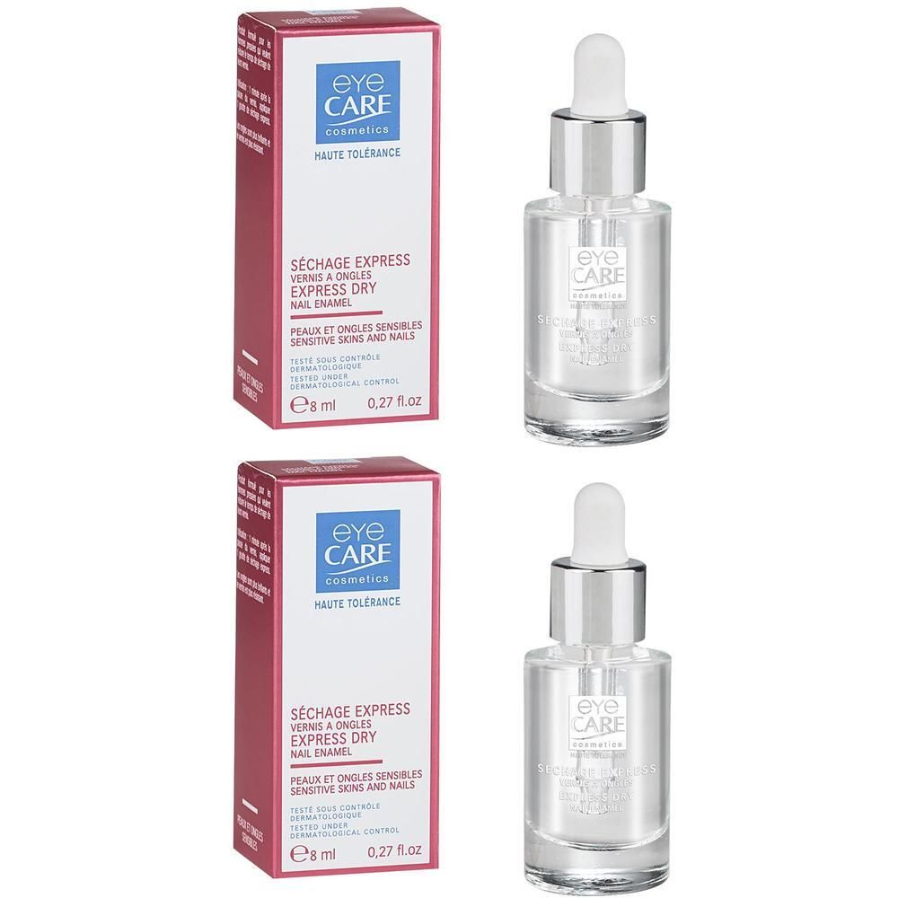 Deux flacons Eye Care Séchage Express, vernis à ongles express, avec pipettes et emballages.