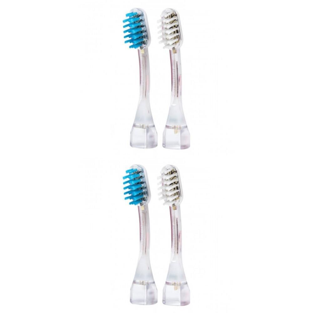 Quatre têtes de brosse transparentes pour brosse à dents électrique, deux avec des poils bleus, deux avec des poils blancs.