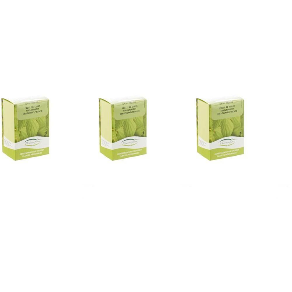 Trois boîtes de graines de cumin Pharmaflore. Emballage vert et jaune avec motif de feuilles.