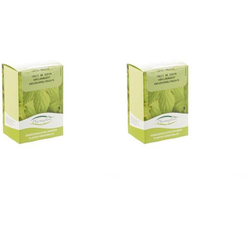Deux boîtes de graines de cumin Pharmaflore. Emballage vert avec motif de feuilles et informations produit.