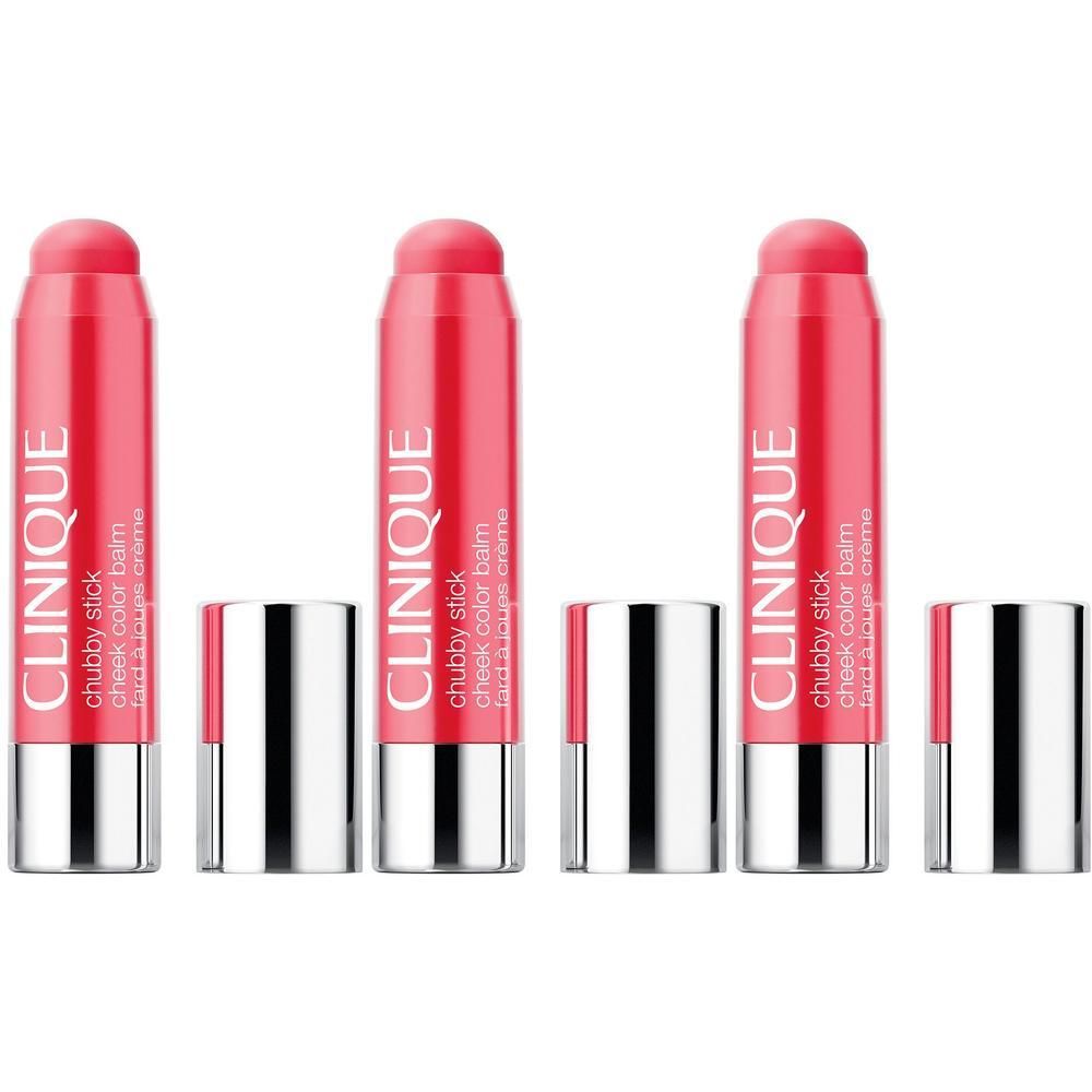 Trois Chubby Sticks CLINIQUE roses avec capuchons argentés.