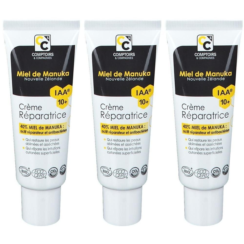 Drie tubes Manuka Honing Herstelcrème met IAA 10+ keurmerken.