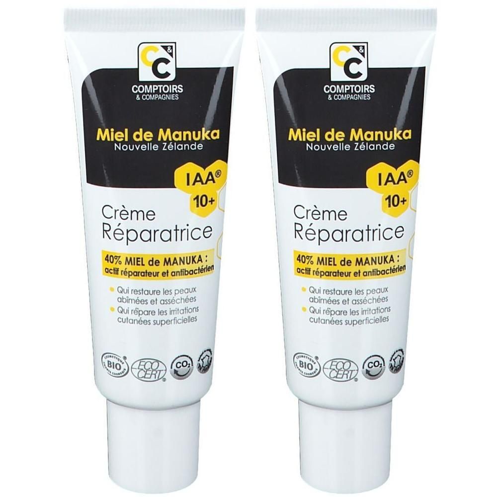 Twee tubes Comptoirs & Compagnies Manuka Honing Herstelcrème, 40% honing, IAA 10+.