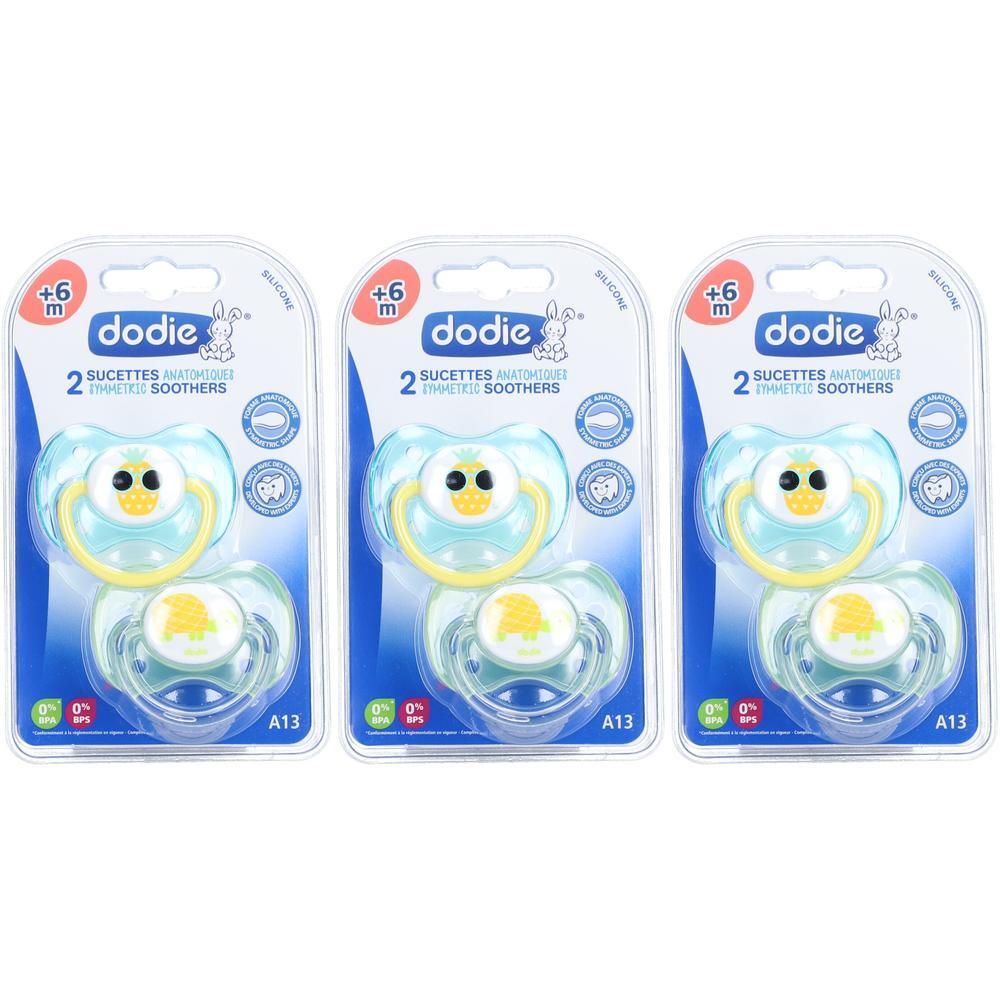 Deux sucettes dodie® anatomiques en silicone pour bébés de plus de 6 mois, avec un motif canard jaune.
