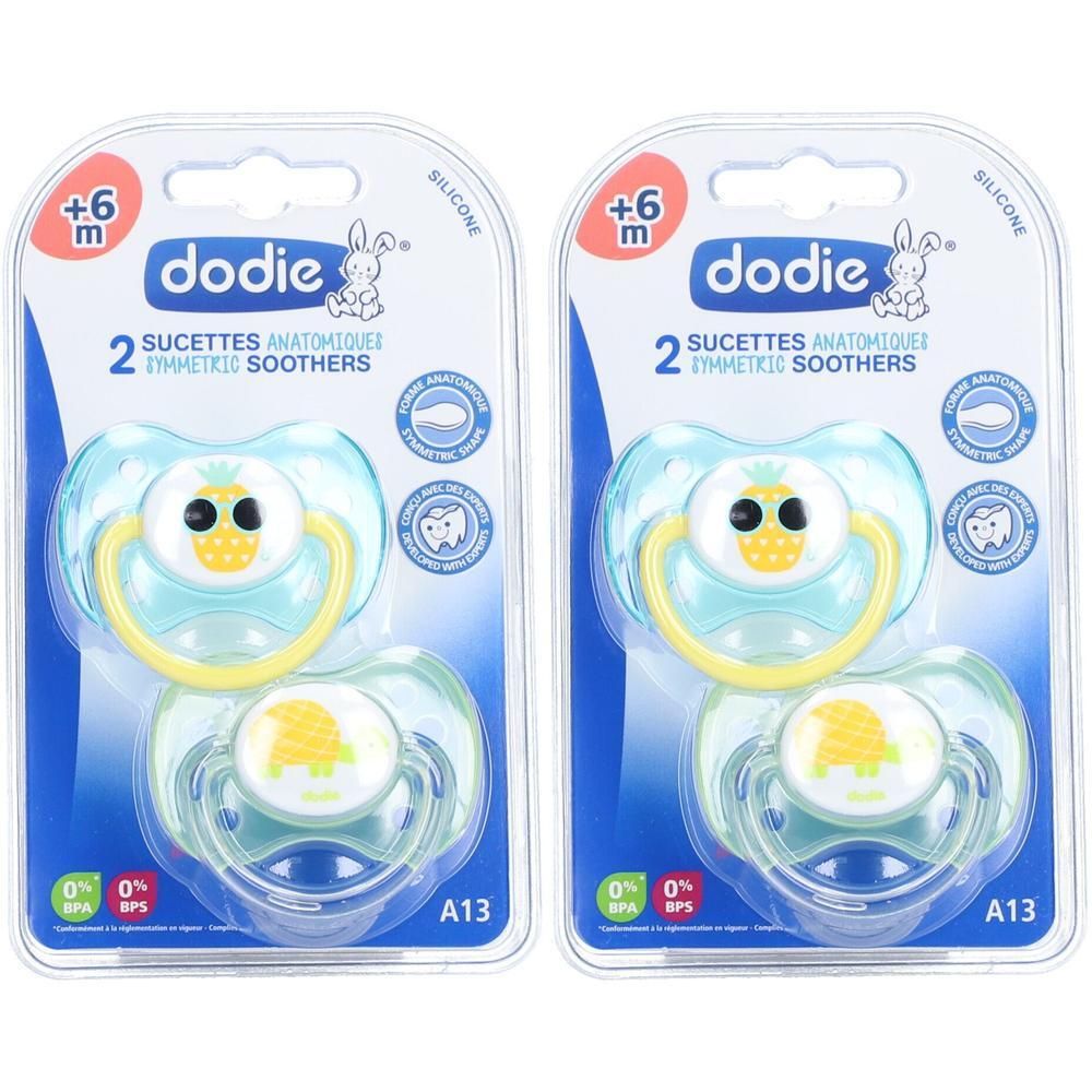 Deux sucettes dodie® en silicone pour bébés de +6 mois, motifs ananas et dinosaure.