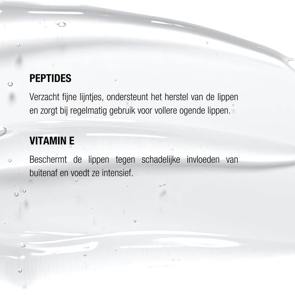 Close-up van glanzende lippen. Tekst over peptiden en vitamine E.