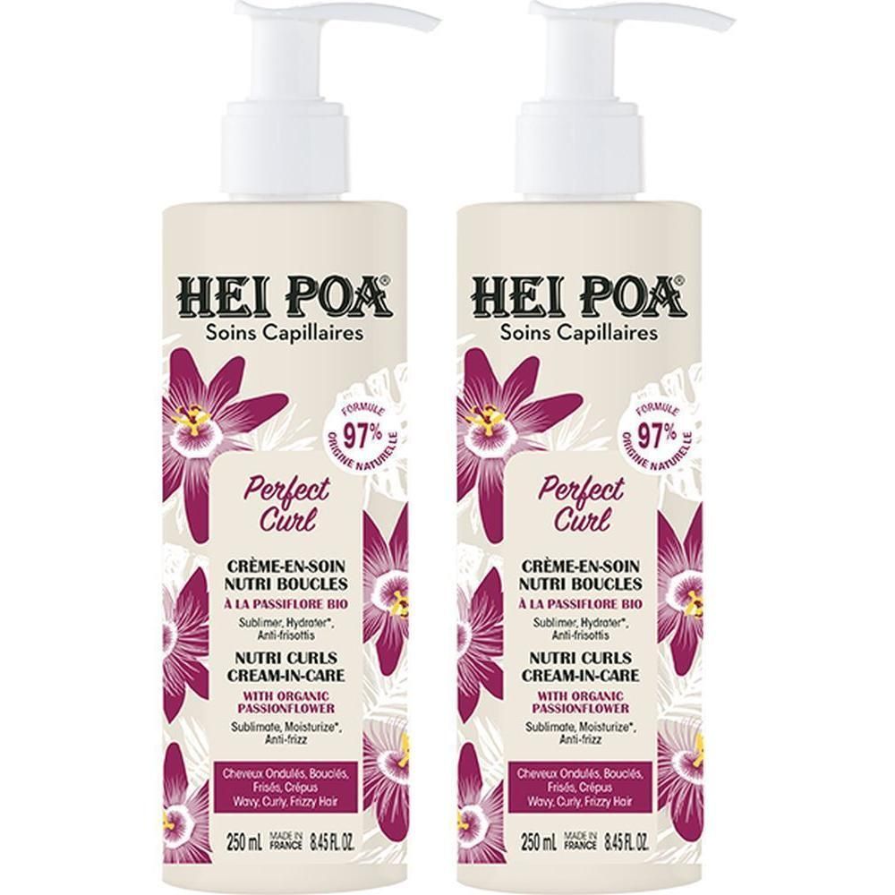 Deux flacons Hei Poa Perfect Curl Crème sans rinçage avec pompes. Flacons beiges à motif floral violet.