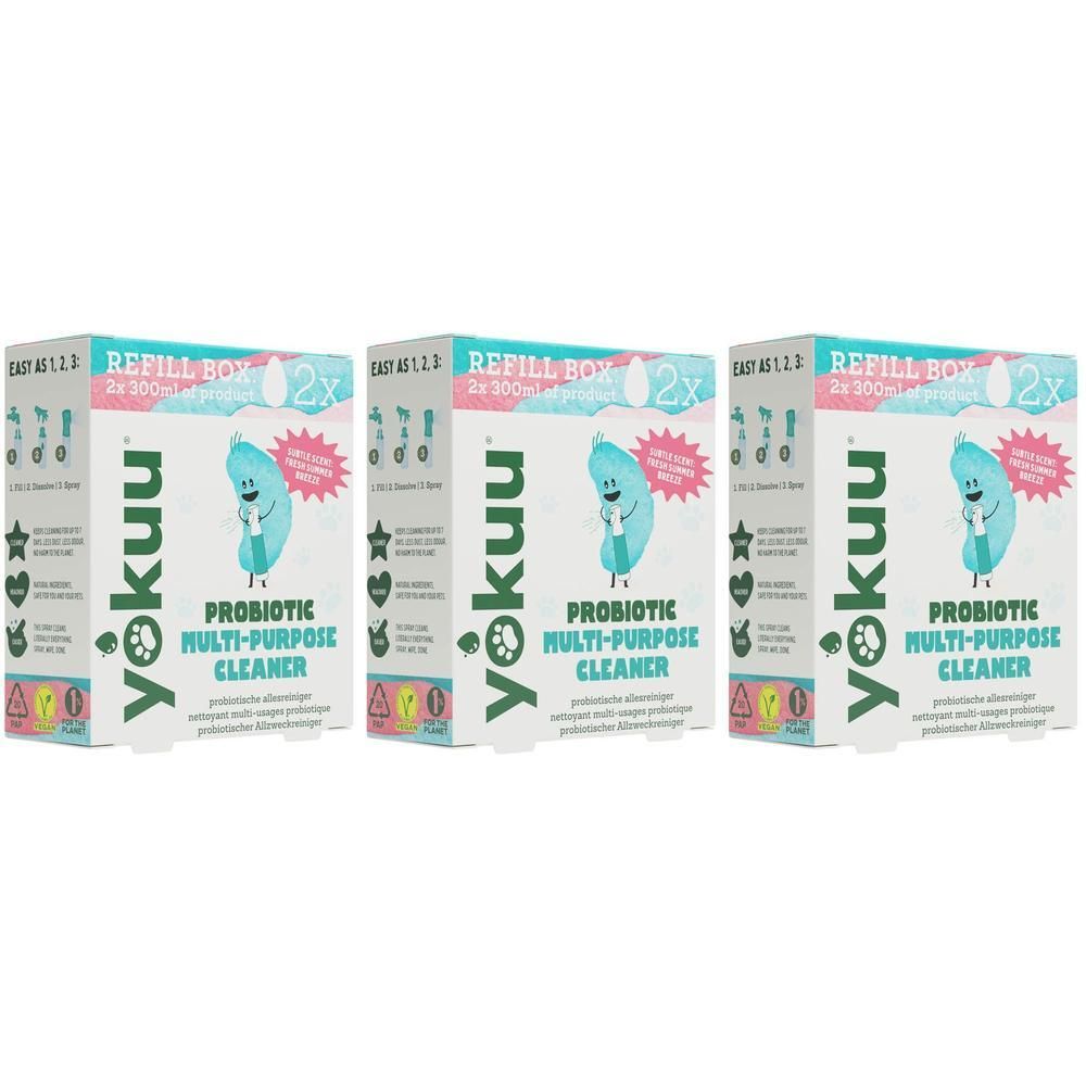Drie "yokuu Probiotic Multi-Purpose Cleaner" navulverpakkingen, elk 2x 300ml.