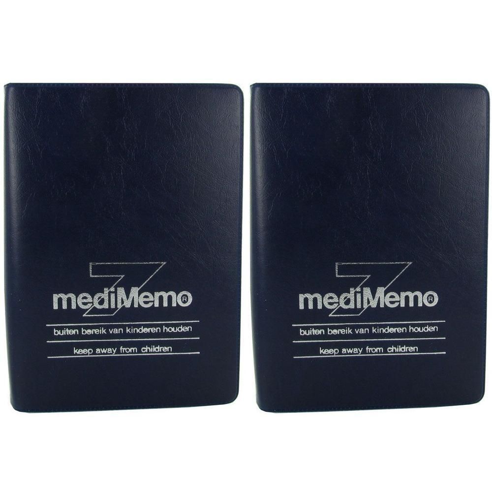 Deux piluliers bleu marine avec inscription "mediMemo" et avertissement.