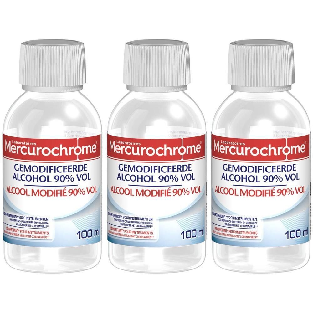 Trois flacons d'alcool modifié Mercurochrome 90% vol, 100 ml chacun.