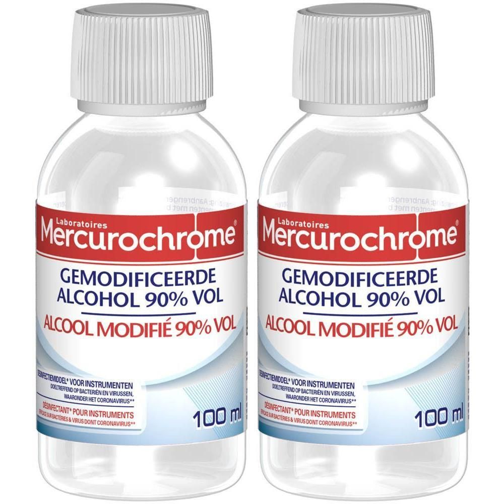 Deux flacons d'alcool modifié Mercurochrome 90% vol., 100ml chacun.