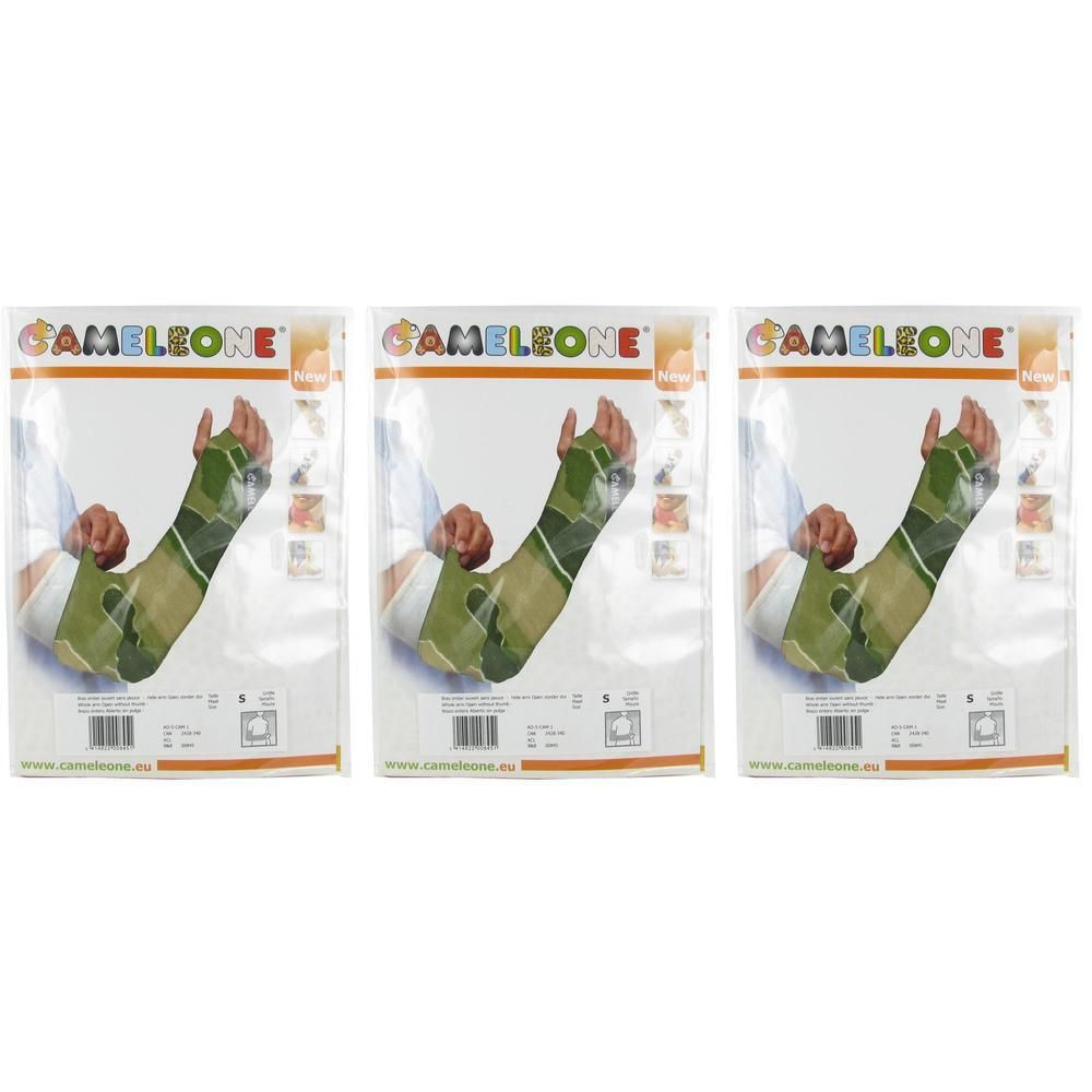 Trois attelles de bras emballées, motif camouflage vert et beige. Les attelles sont conçues pour le pouce.