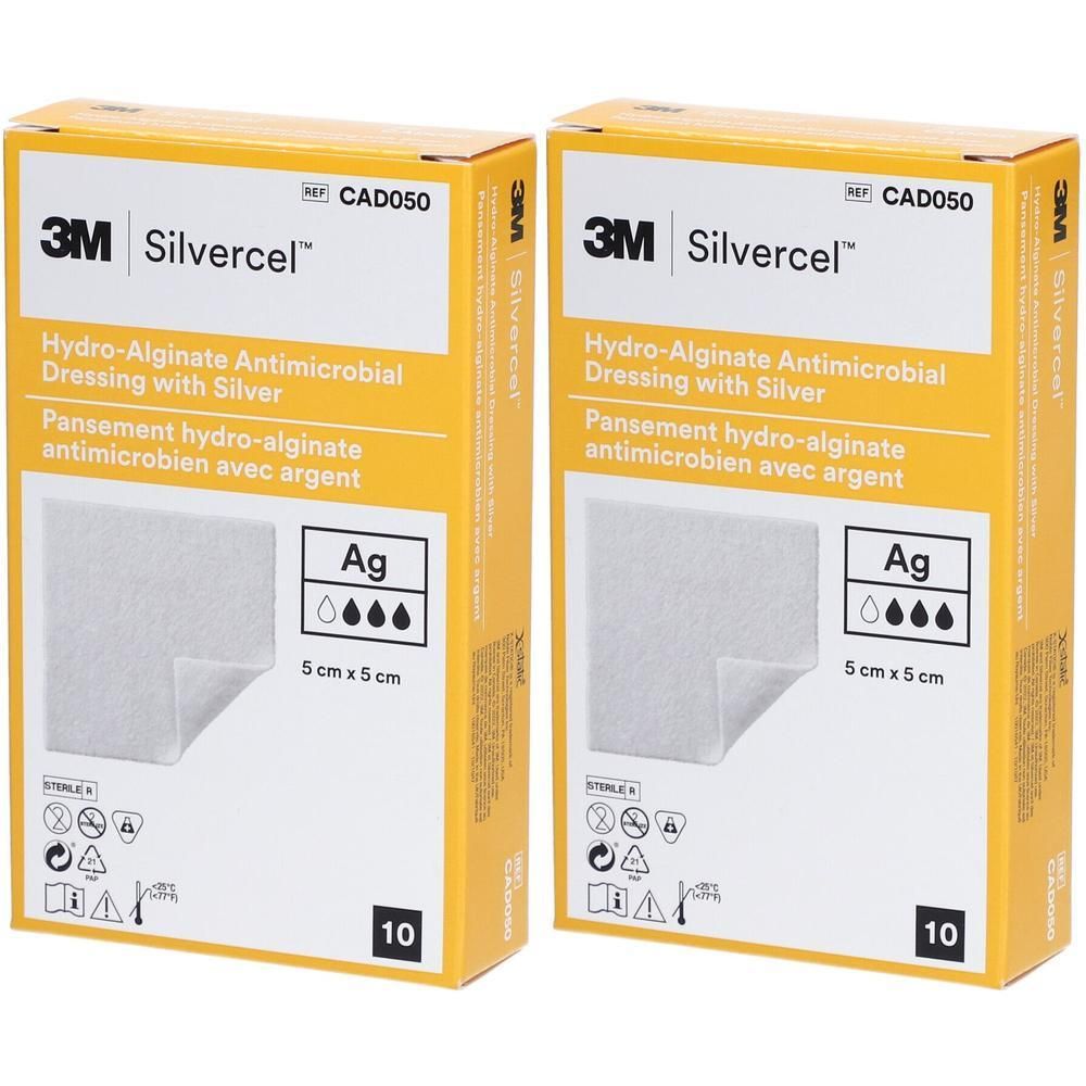 Deux boîtes de pansement hydro-alginate antimicrobien Silvercel avec argent 3M, 5x5cm.