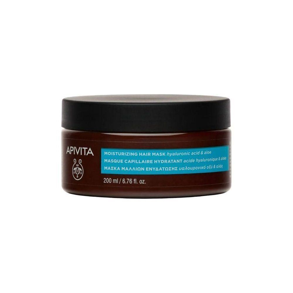Apivita Hydraterend Haarmasker met hyaluronzuur en aloë. Bruine pot met zwart deksel. 200 ml.