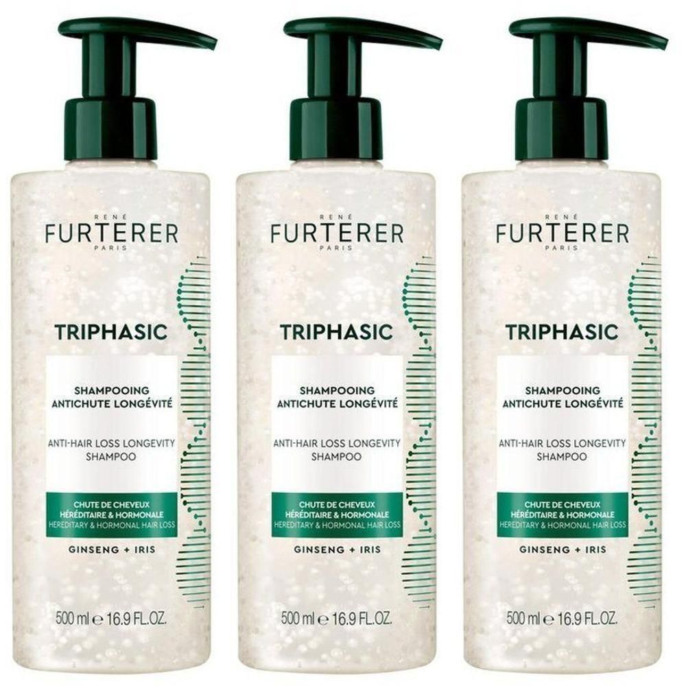 Trois flacons de René Furterer Triphasic Shampooing Anti-Chute Longevité.