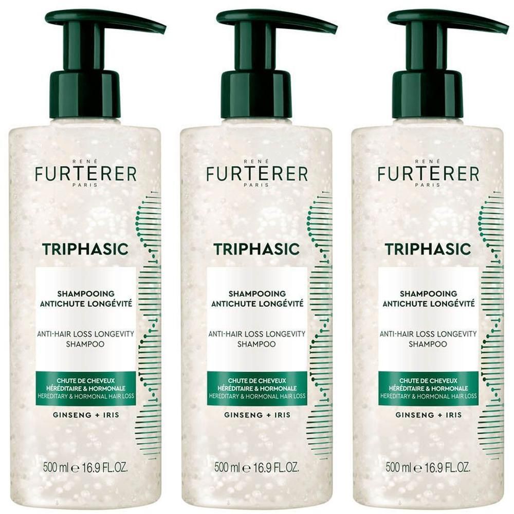 Drie flacons René Furterer Triphasic Shampooing Anti-Chute Longevité.
