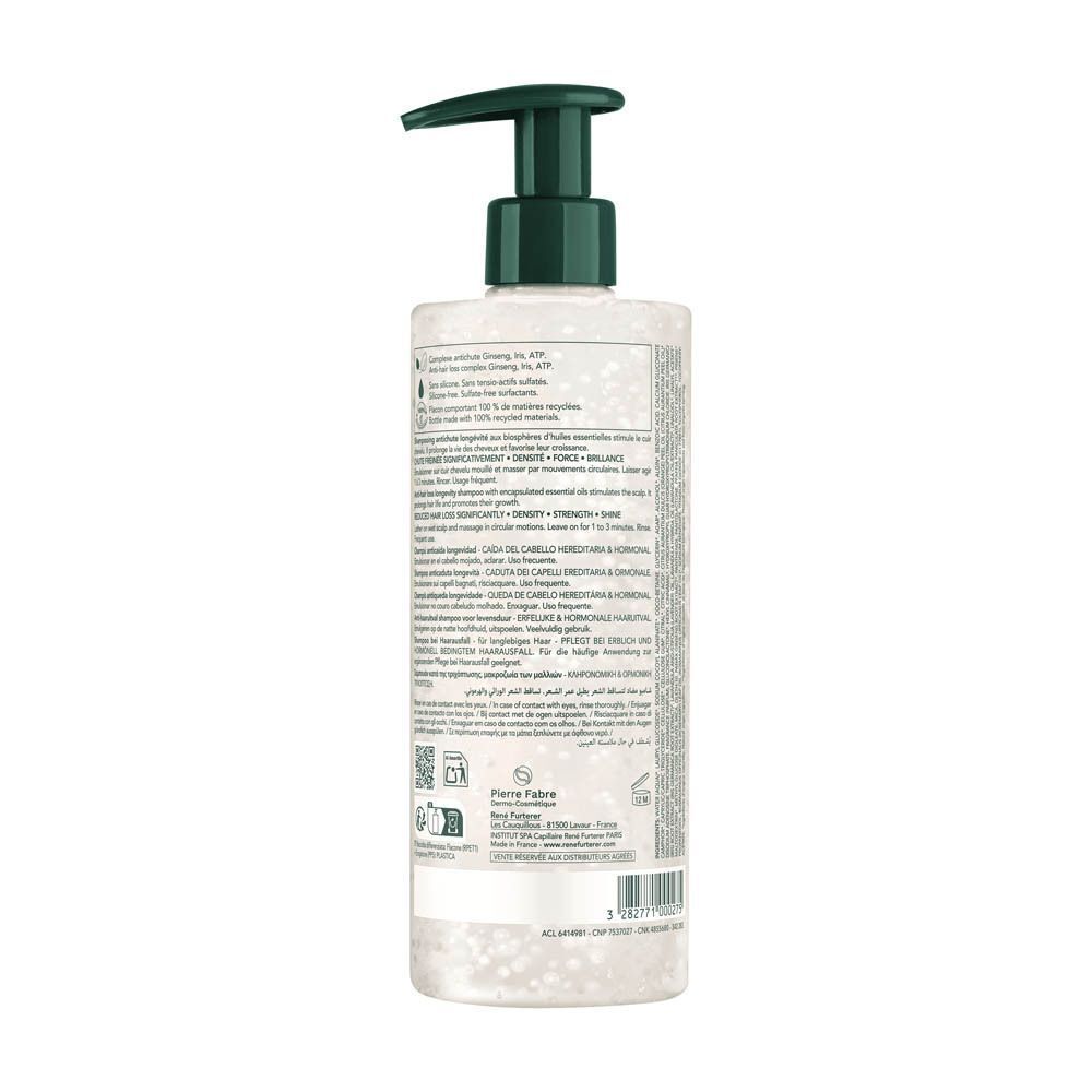 Arrière d'un flacon de René Furterer Triphasic Shampooing avec ingrédients et instructions.