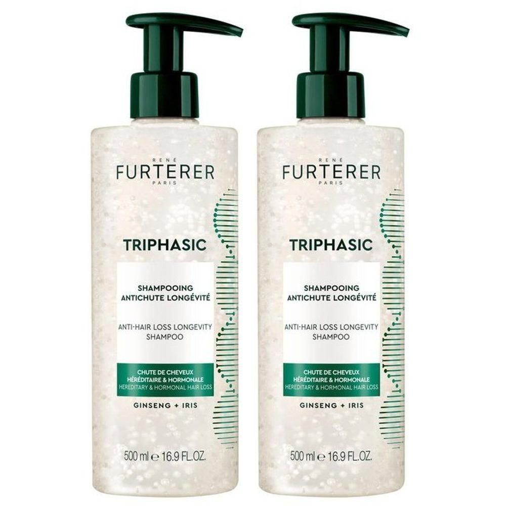 Deux flacons de René Furterer Triphasic Shampooing Anti-Chute Longevité, 500ml chacun.
