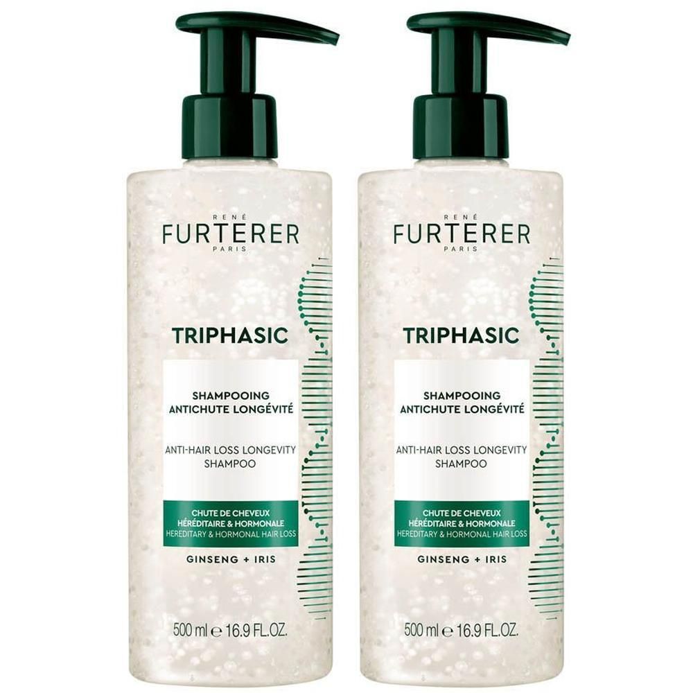 Twee flessen René Furterer Triphasic Shampooing tegen haaruitval & voor levensduur, 500ml.