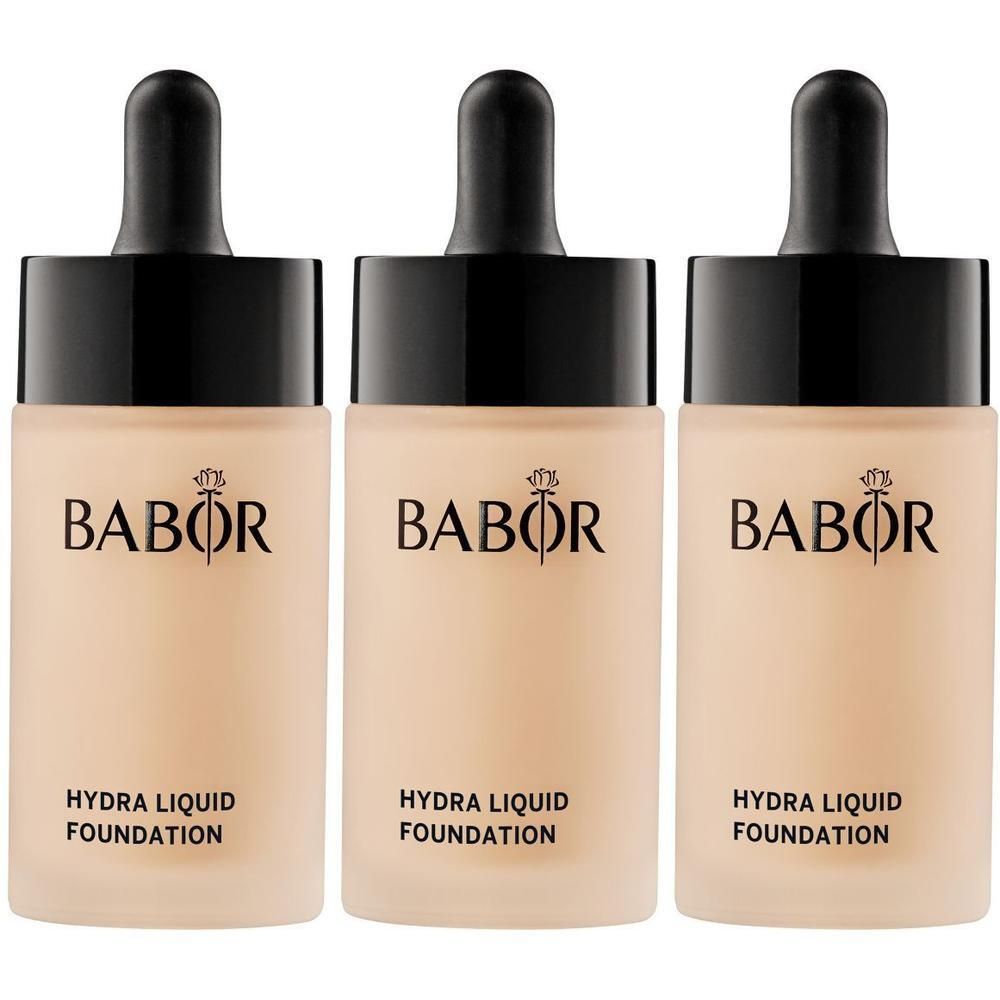 Trois flacons Babor Hydra Liquid Foundation avec bouchon compte-gouttes, teinte claire.