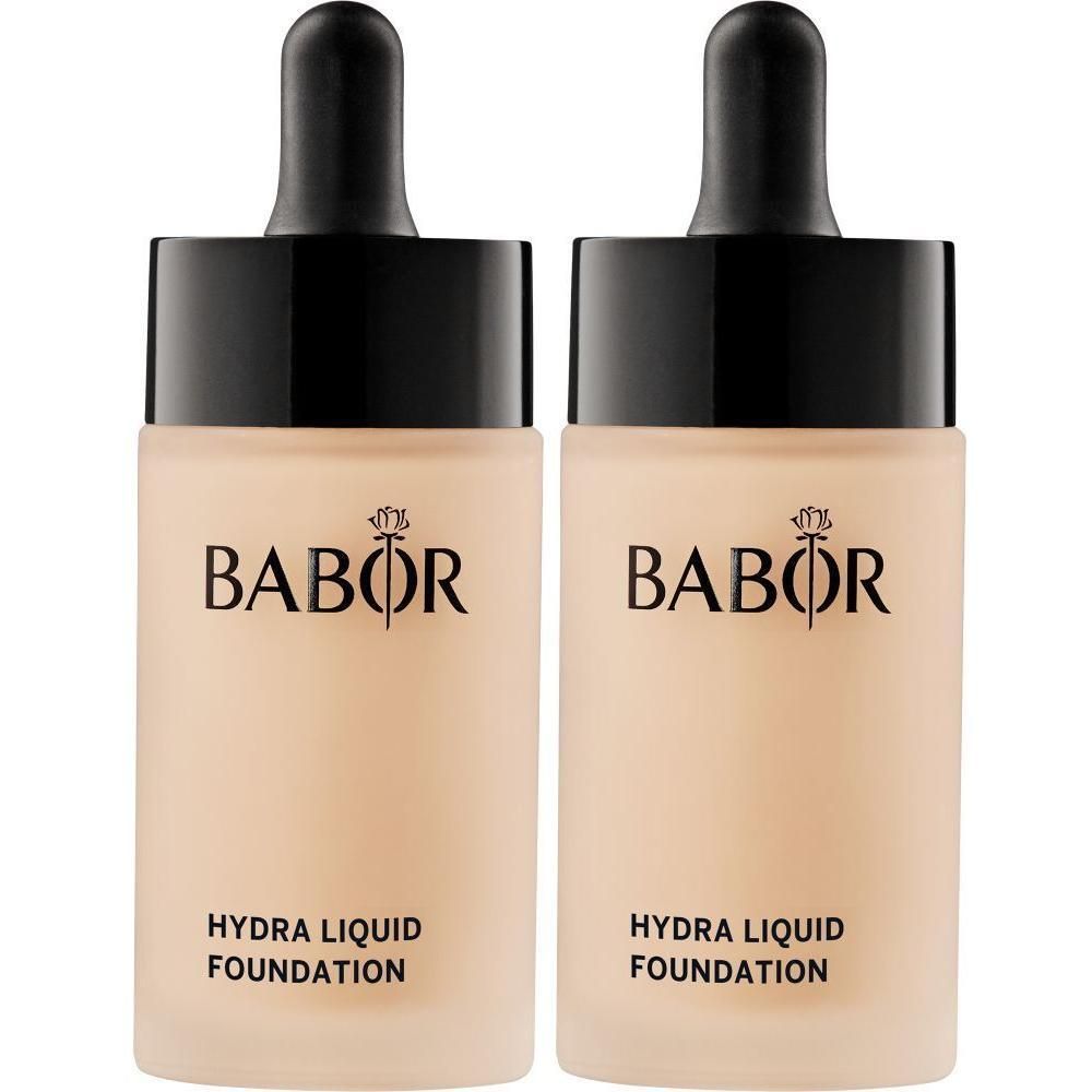 Deux flacons Babor Hydra Liquid Foundation avec bouchon compte-gouttes.