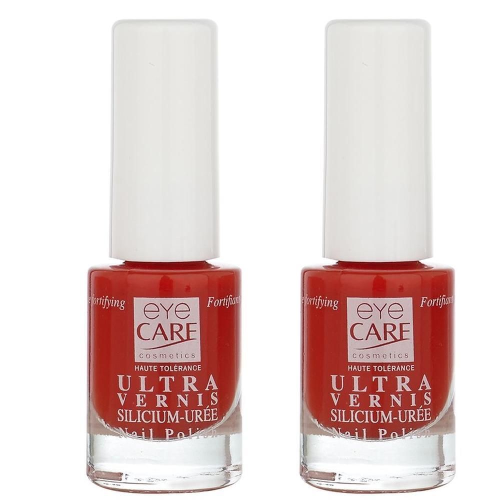 Twee flessen rode nagellak van Eye Care Cosmetics. Ultra Vernis Silicium-Uree.