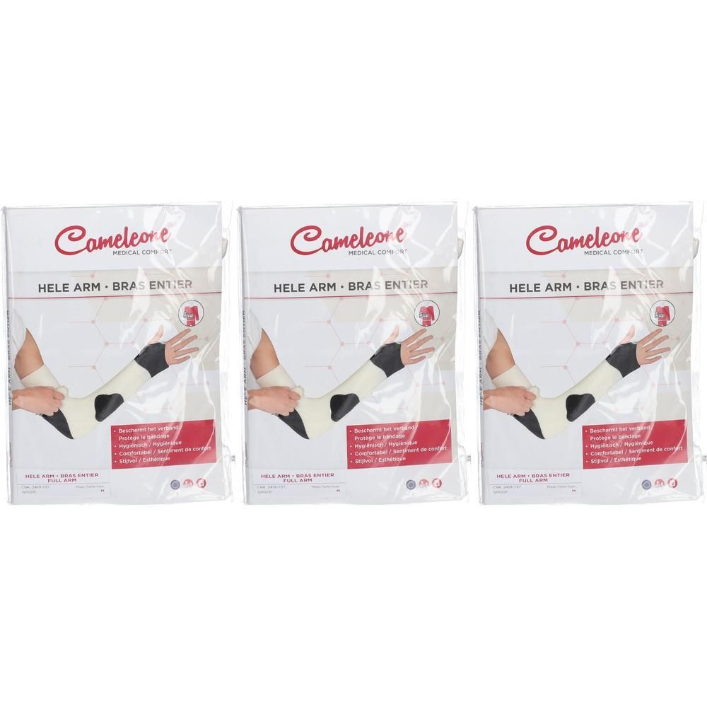 Trois paquets de manchons de bras Cameleone avec ouverture pour le pouce, beige et noir.