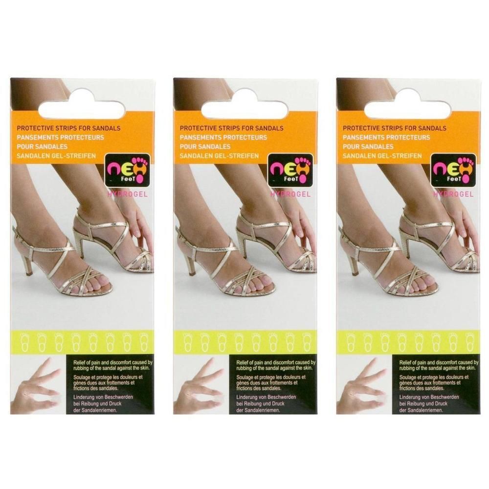 Drie verpakkingen beschermende strips voor sandalen met gel-inzet. Toont voeten in sandalen.