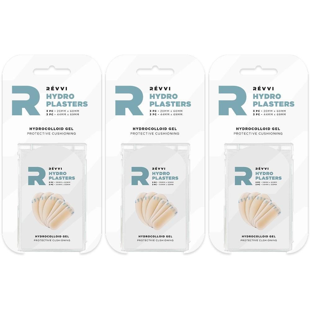 Trois paquets de pansements hydrocolloïdes RÉVVI pour un amorti protecteur.