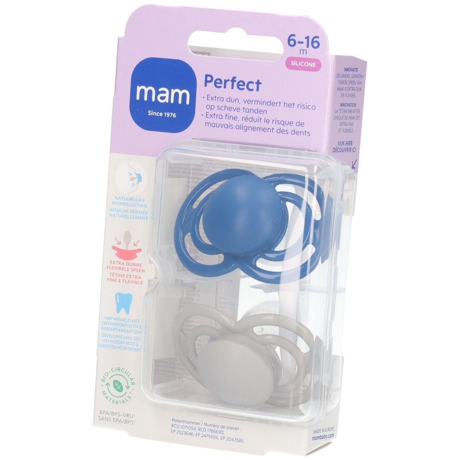 Deux sucettes MAM Perfect en silicone, 6-16 mois, bleues et grises.