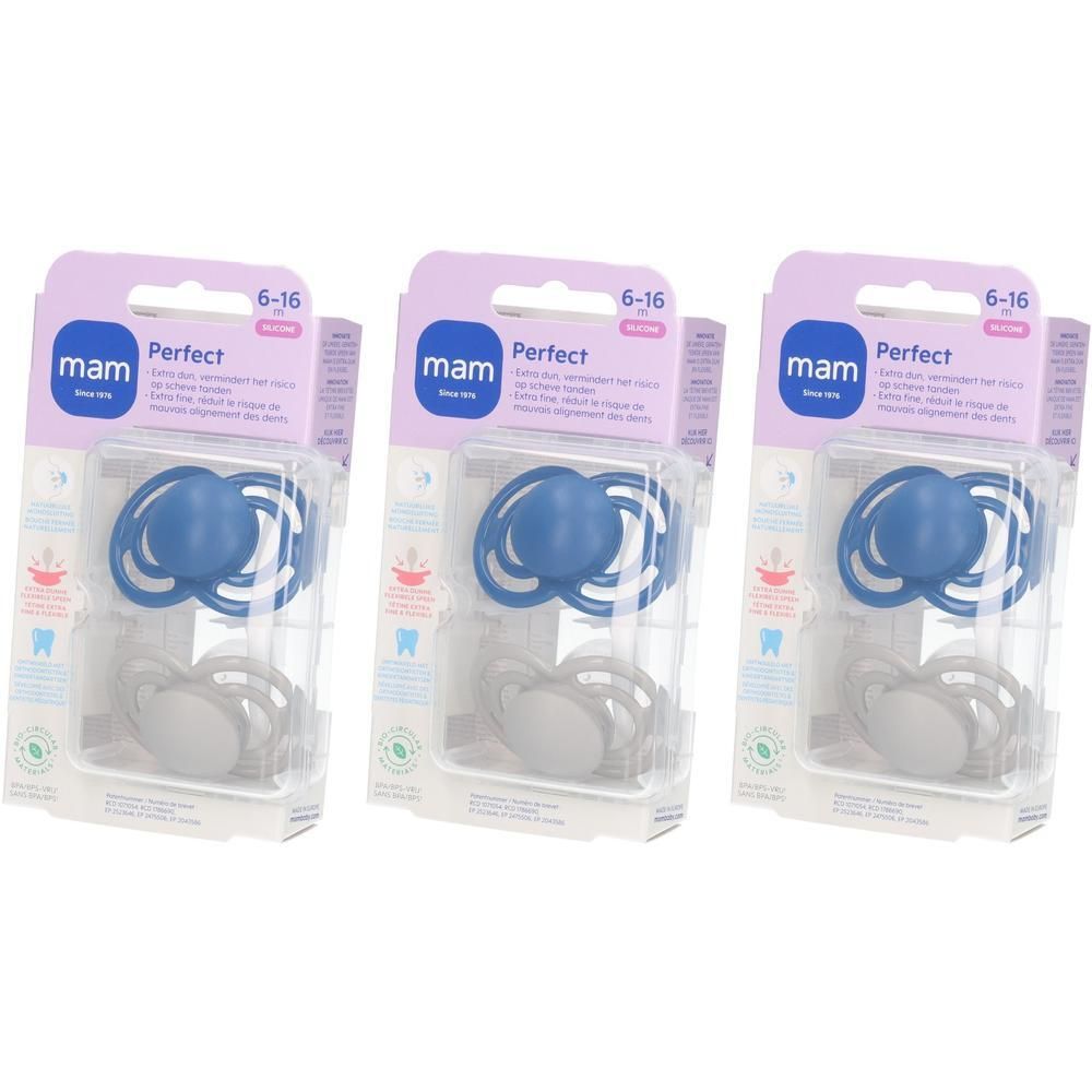 Trois sucettes MAM Perfect en silicone, 6-16 mois, bleues et grises, en emballages individuels.