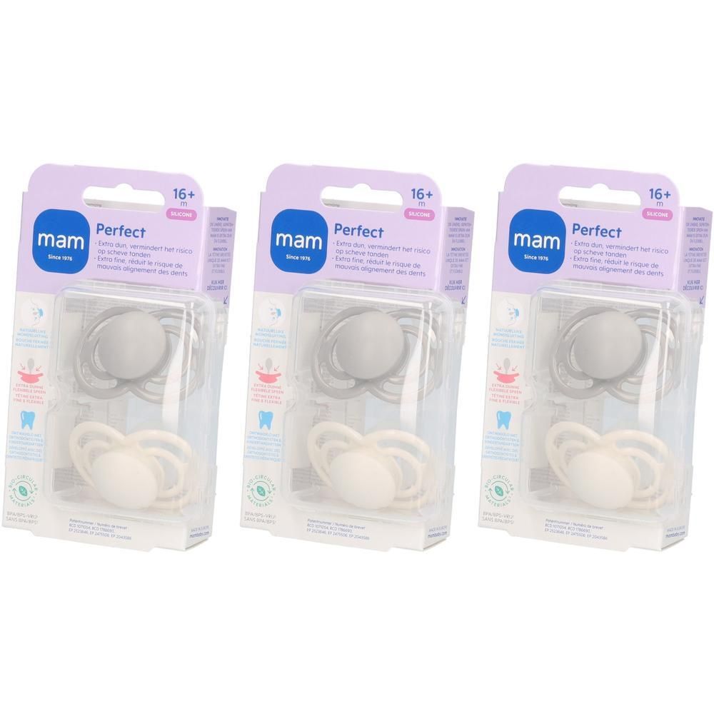 Drie MAM Perfect siliconen fopspeen voor baby's van 16+ maanden, grijs en wit.