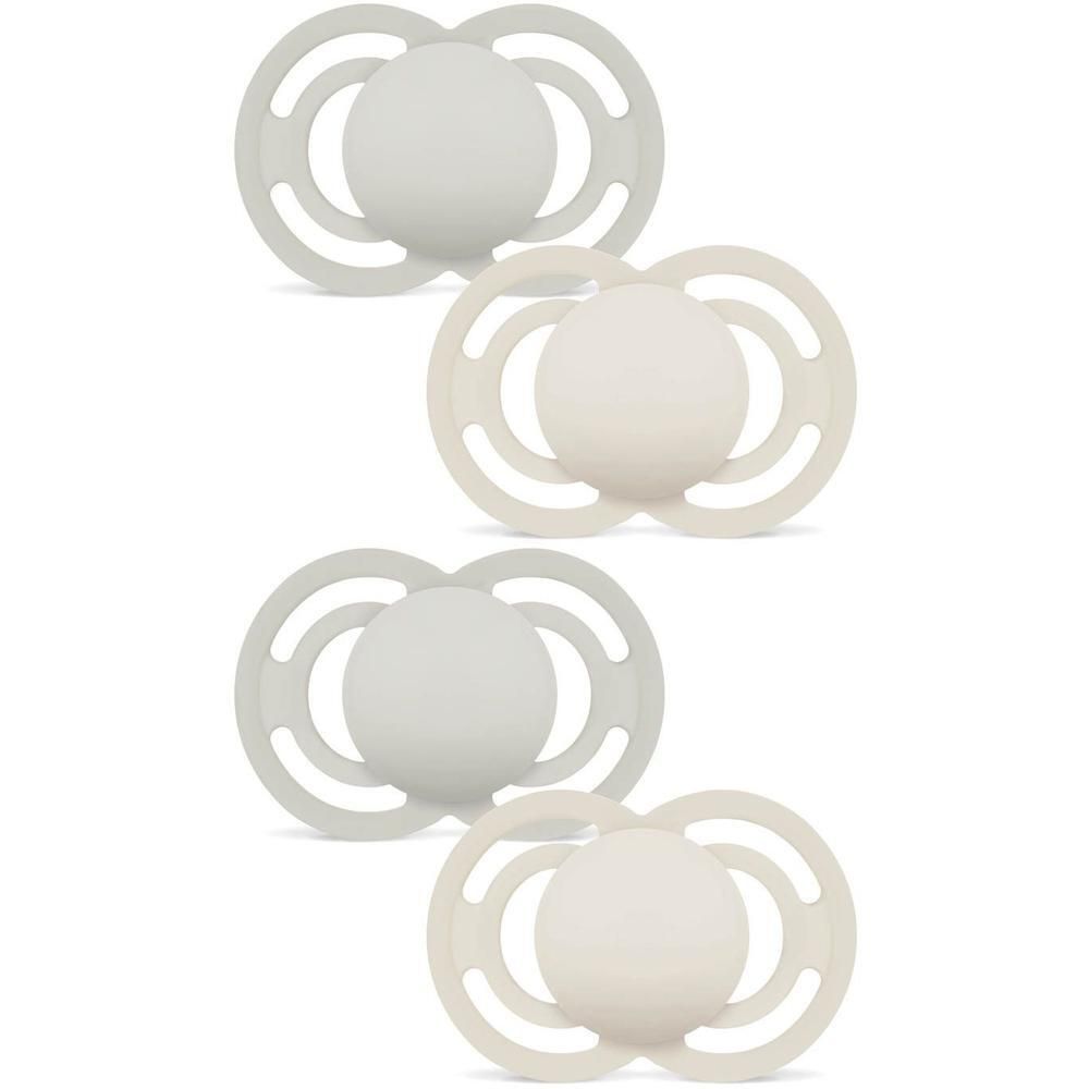 Deux sucettes MAM Perfect en silicone, 16+ mois, gris et beige.