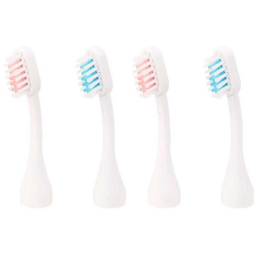 Quatre têtes de brosse à dents blanches avec des poils bleus et roses.