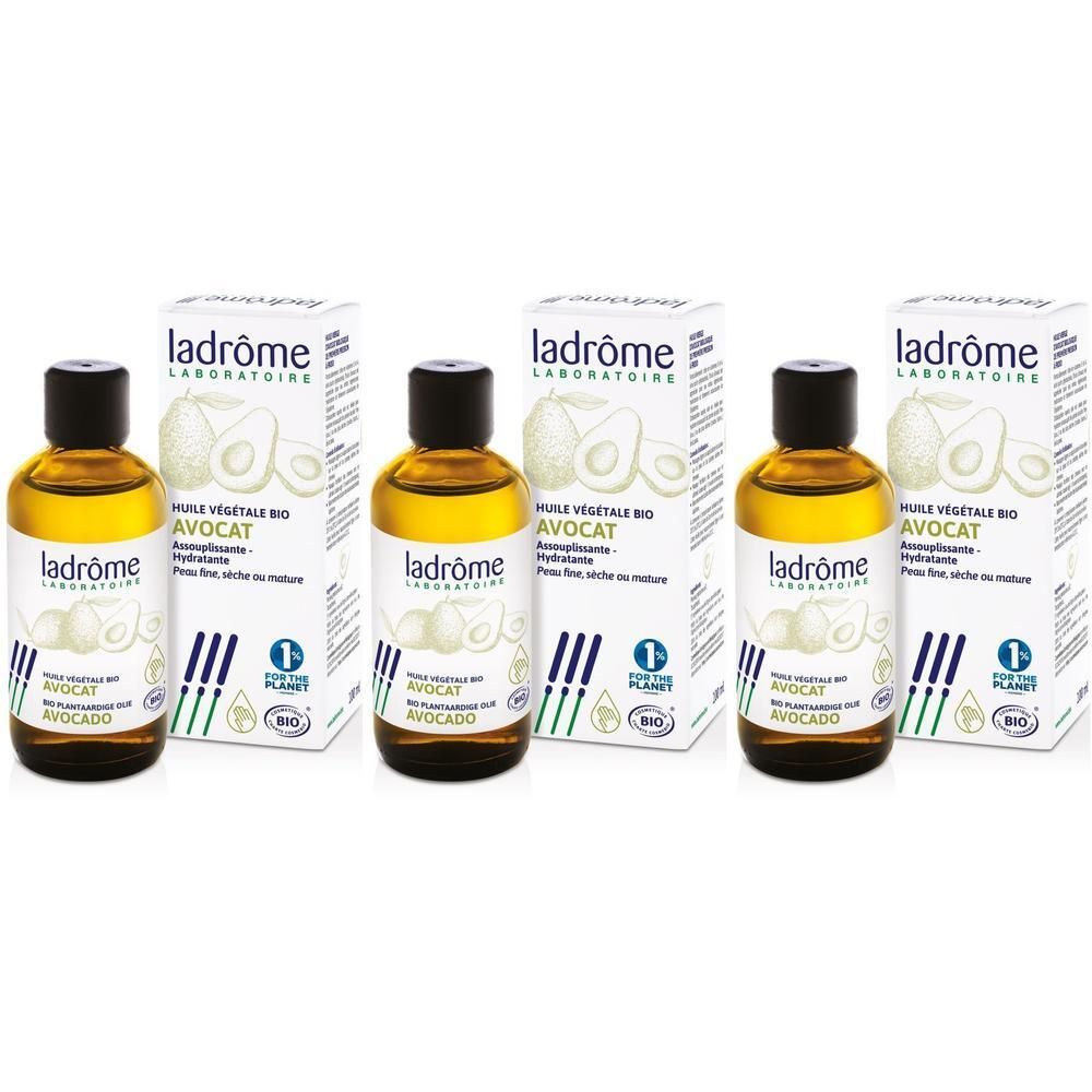 Trois flacons d'huile végétale bio d'avocat Ladrôme avec emballage. Liquide clair dans des bouteilles en verre brun avec bouchons noirs.
