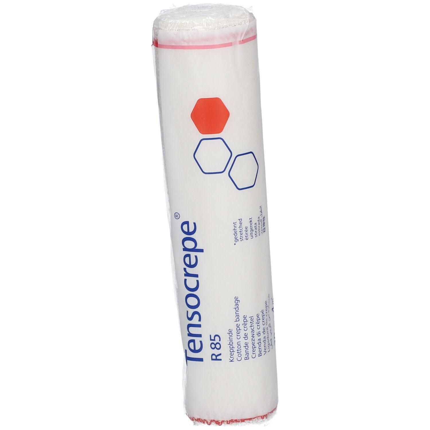 Tensocrepe R85 crêpeverband, wit, met rode en blauwe zeshoeken.