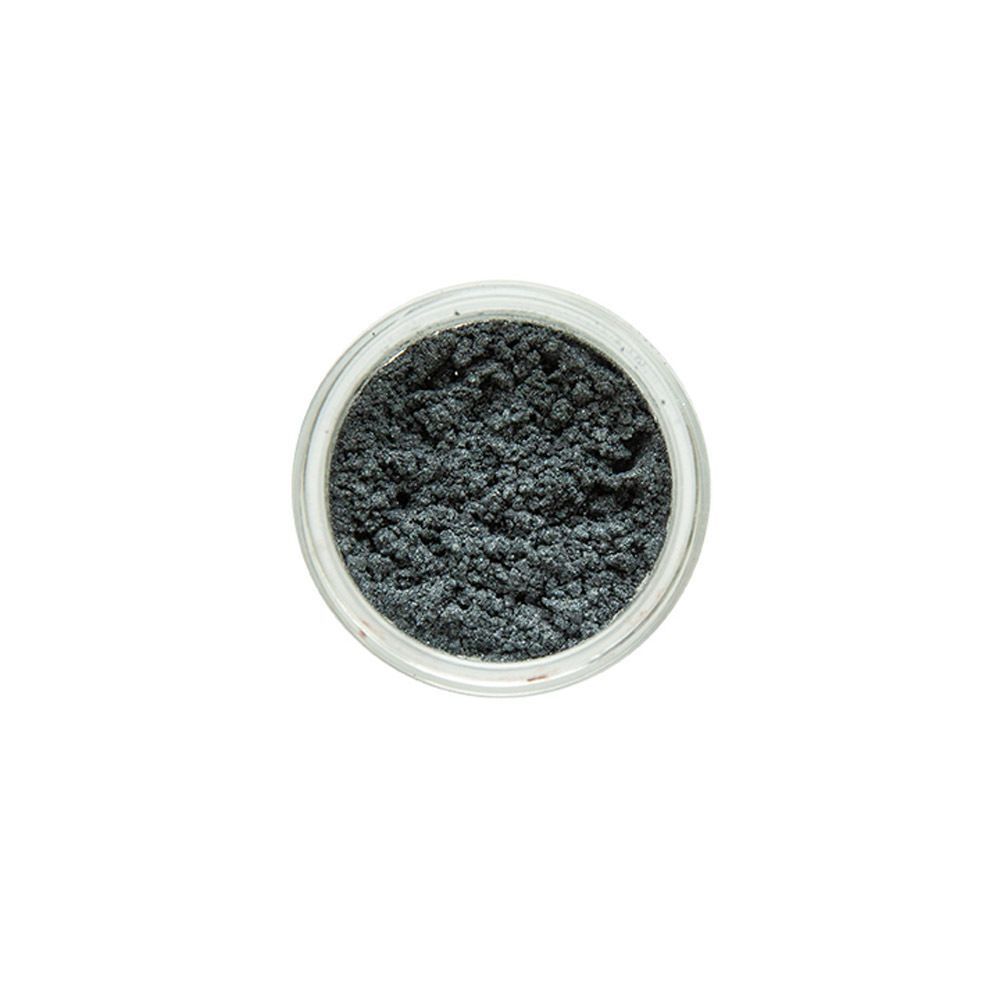 Un pot ouvert de fard à paupières minéral libre gris foncé.
