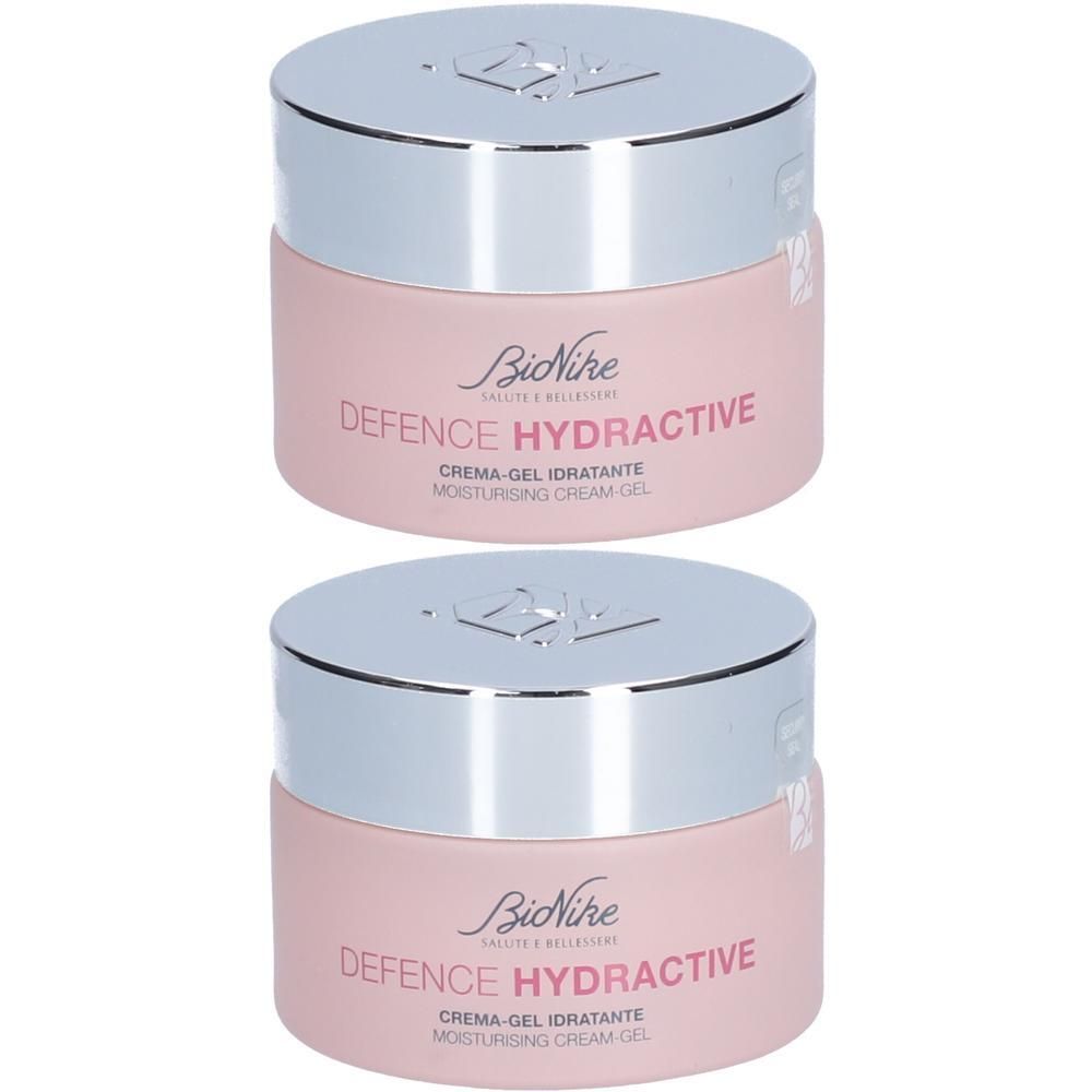 Twee BioNike Defence Hydractive Moisturising Cream-Gels in roze potjes met zilveren deksels.